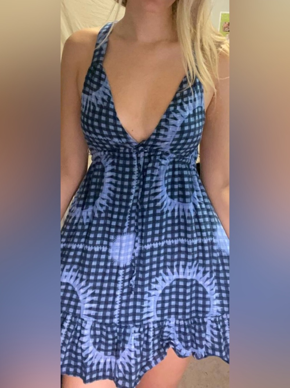 New, never worn - Urban Outfitters Blue Plaid Tie-Dye Sun flower Dress XS